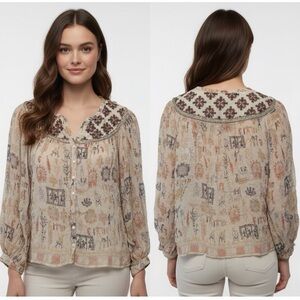 Velvet by Graham & Spencer Embroidered Boho Peasant Blouse Puff Sleeve Cream XS